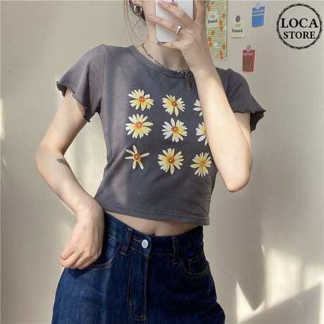 Tシャツ 半袖 袖切りっぱなし ショート丈 フラワー 花 グレー カジュアル レトロ 韓国ファッション レディース 大人可愛い ガーリー DTC-614247121002_gr