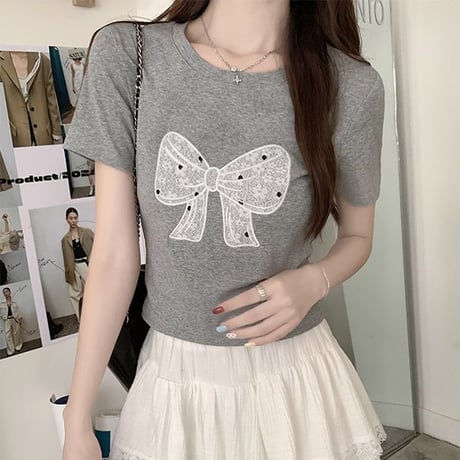 Tシャツ 刺繍リボン ショート丈 半袖 スリムフィット クルーネック シンプル レトロ 大人可愛い ガーリー カジュアル フェミニン DTCA-798676186291