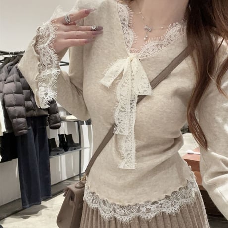 ニット Vネック レース リボン スリムフィット スリムニット トップス プルオーバー ニットソー 長袖 レトロ 大人可愛い ガーリー DTCA-858493602267