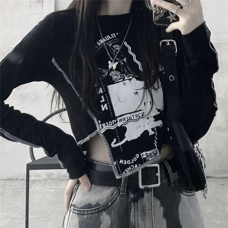 ロンT アシンメトリー ショート丈 スリムフィット 不規則デザイン アシメ tシャツ トップス 長袖 レトロ 大人可愛い ガーリー サブカル系 カジュアル DTCA-655976986014
