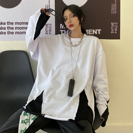 ユニセックス 長袖 Tシャツ メンズ レディース レイヤード風 裾ダメージ加工 ラウンドネック オーバーサイズ 大きいサイズ ストリート TBN-625479955275
