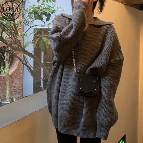 襟付き Vネック ニットトップス ニット セーター プルオーバー 開襟 トップス ルーズ レトロ 韓国ファッション レディース 大人可愛い ガーリー カジュアル DTC-691259080731