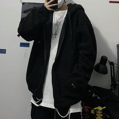 ユニセックス フード付き ボアジャケット ボアパーカー ジップアップ オーバーサイズ 韓国ファッション メンズ レディース カジュアル ストリートファッション DTC-631047350788