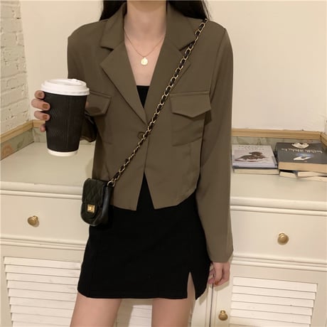 ショートジャケット ワンボタン 長袖 ルーズ シンプル 韓国ファッション レディース ジャケット ショート丈 大人可愛い ガーリー DTC-654014846773