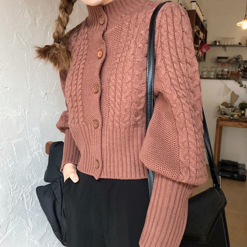 韓国 ショート丈 カーディガン ブラウン ショート丈 カーディガン 韓国ファッション レディース ケーブル