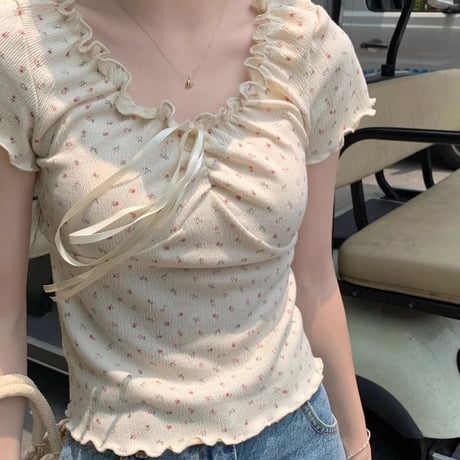 小花柄 ブラウス フリル リボン Tシャツ トップス ショート丈 スリムフィット レースアップ 半袖 レトロ 大人可愛い ガーリー カジュアル フェミニン DTCA-805742781968