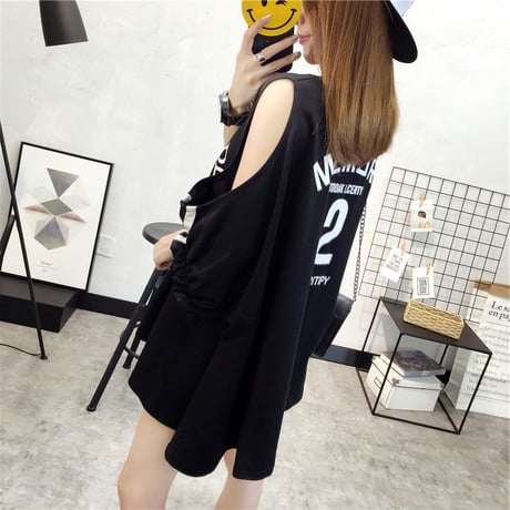 レディース ゆったり 肩出し 肩開き Tシャツ 半袖 チュニック オフショルダー 韓国ファッション オルチャン (DCT-676336915183)