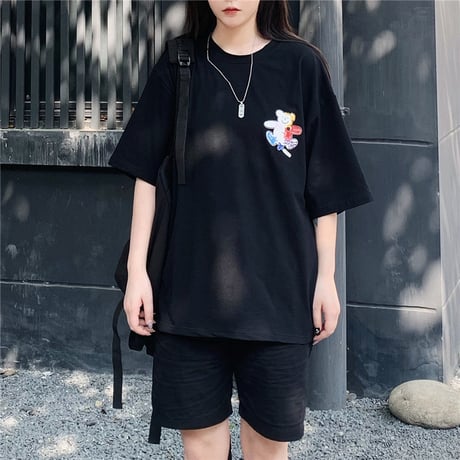 ユニセックス Tシャツ 半袖 メンズ レディース 落書き風 クマちゃん ベアー プリント オーバーサイズ 大きいサイズ ルーズ ストリート DTC-616567993304