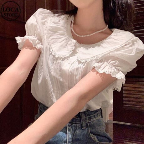 ブラウス レース フリル 薄手 トップス パフスリーブ 半袖 レトロ 韓国ファッション レディース 大人可愛い ガーリー フェミニン DTC-712212557359