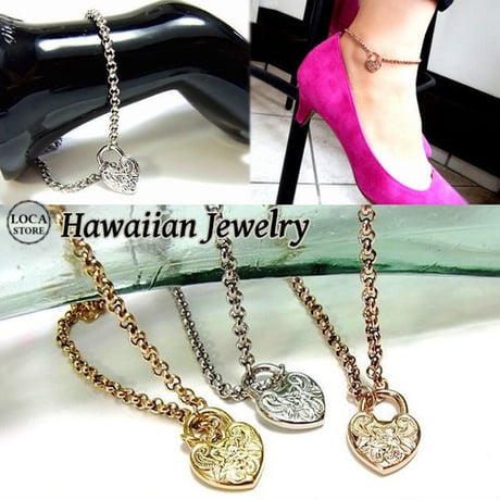 ハワイアンジュエリー ブレスレット アンクレット 2way 金属アレルギー対応 ハート プルメリア スクロール 刻印可能商品 サージカルステンレス アクセサリー gbs8152