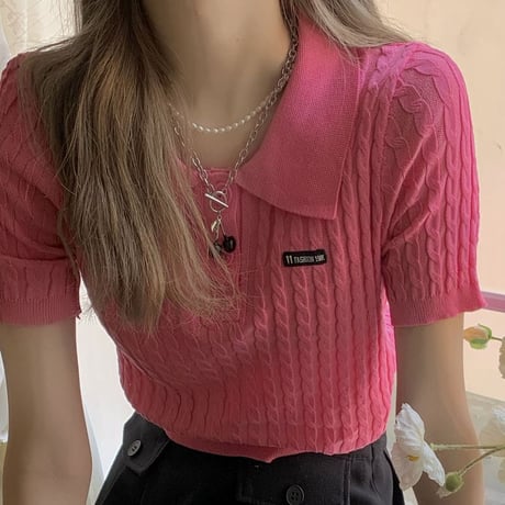 【2カラー】 サマーニット ポロカラー Tシャツ ケーブル編み ショート丈 ポロシャツ 半袖 レトロ 韓国ファッション レディース 大人可愛い ガーリー カジュアル DTC-646667312344