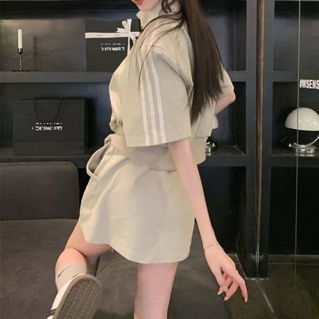 セットアップ スポーツMIX トップス スカート ショートパンツ 半袖 サイドライン クロップド丈 ジップ 上下セット 韓国ファッション レディース カジュアル DTC-713933890029