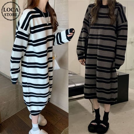 ボーダー柄 ニットワンピース クルーネック ロング丈 ニット ランダムボーダー 長袖 ゆったり 韓国ファッション レディース カジュアル 大人可愛い ガーリー DTC-662845743364