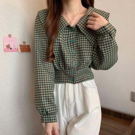 ブラウス風 ショートジャケット 千鳥格子 アウター ビッグカラー チェック柄 ジャケット ショート丈 レトロ 韓国ファッション レディース 大人可愛い ガーリー DTC-665439445191
