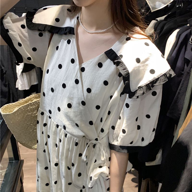 ドット柄 ワンピース ビッグカラー パフスリーブ 水玉 大きい襟 ハイ