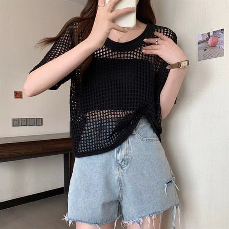 サマーニット メッシュ トップス プルオーバー tシャツ 透かし編み クルーネック ショート丈 レイヤードトップス 半袖 レトロ 大人可愛い ガーリー カジュアル DTCA-676945045996