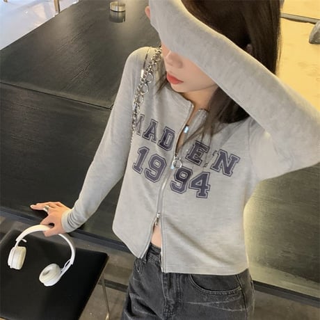【2カラー】 トップス ジップアップ ショート丈 スリム 古着風 長袖 レトロ 韓国ファッション レディース 大人可愛い ガーリー カジュアル DTC-652255998537