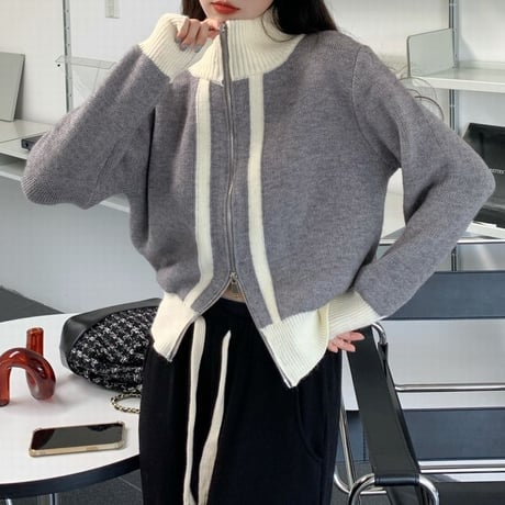 ニットカーディガン ジップアップ ハイネック 配色 カーディガン ニット 長袖 韓国ファッション レディース 大人可愛い ガーリー カジュアル DTC-660368701085