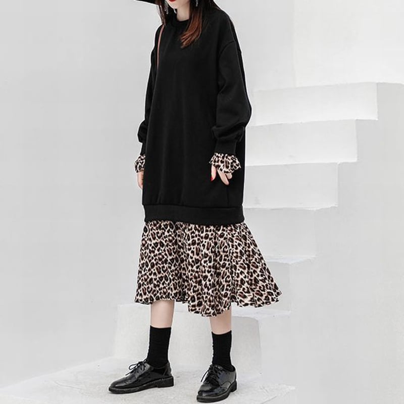 レディース レオパード フリルポイント ドッキングワンピース ロング丈