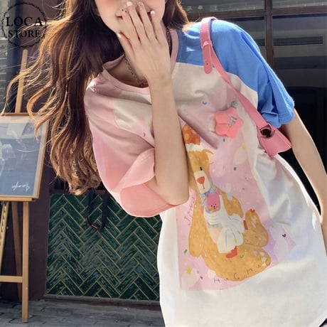 Tシャツ 立体スター クマちゃんプリント バイカラー ラグランスリーブ 半袖 オーバーサイズ トップス レトロ 韓国ファッション レディース 大人可愛い ガーリー DTC-773427210950