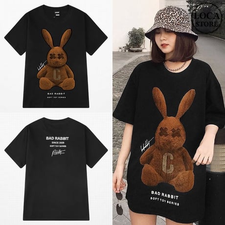 ユニセックス Tシャツ 半袖 BADRABBIT ラビット うさぎ プリント メンズ レディース オーバーサイズ 大きいサイズ ルーズ 韓国ストリートファッション TBN-615660184988