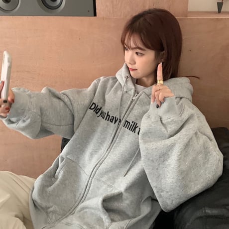 ジップアップ パーカー プラスベルベット ルーズ 韓国ファッション レディース フーディー 英字 ゆったり カジュアル ストリート系 ガーリー DTC-630954644005