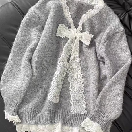 ニット レース リボン Vネック プルオーバー セーター トップス ルーズ フェイクツーピース 長袖 レトロ 大人可愛い ガーリー フェミニン カジュアル DTCA-849338174416