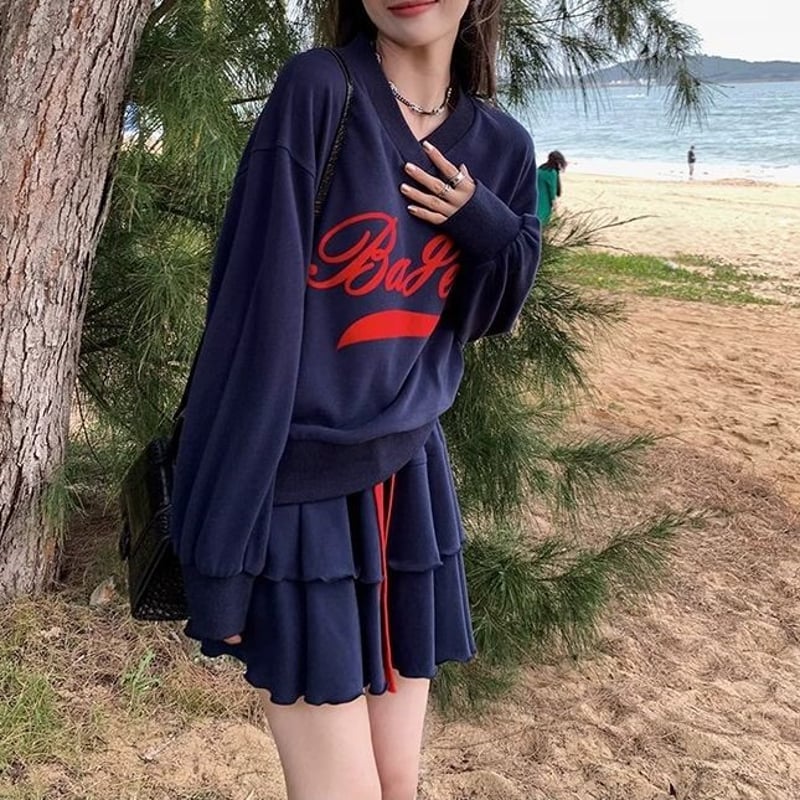 セットアップ 上下セット Vネック ロゴ トレーナー ティアード
