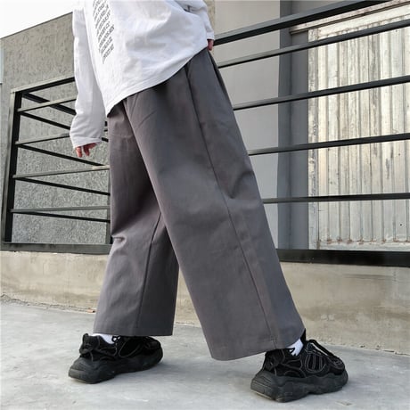 ユニセックス ワイドパンツ S M L XL ワイドレッグパンツ ウエスト紐 9分丈 ハイウエスト ゆったり 韓国ファッション メンズ レディース カジュアル DTC-638334168423