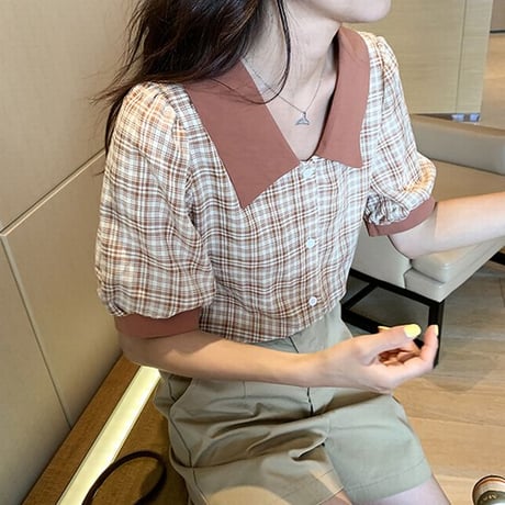チェック柄 ブラウス シャツ パフスリーブ 半袖 バイカラー レトロ 韓国ファッション レディース 大人可愛い ガーリー フェミニン DTCA-642810095273
