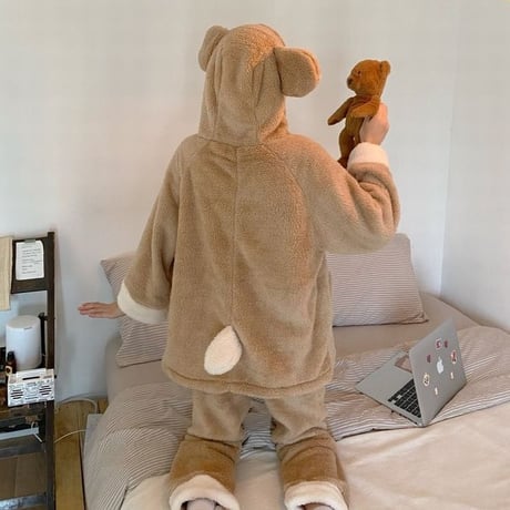 ルームウェア パジャマ セットアップ 耳付き しっぽ付き クマ ベアー もこもこ ボア 上下セット 部屋着 寝間着 大人可愛い ガーリー DTC-660205662818