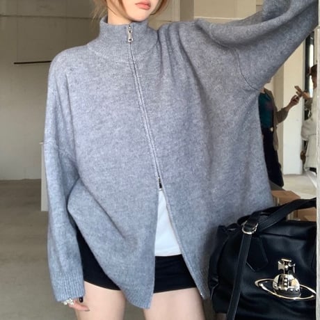 ダブルジップ ニット ルーズ トップス ジップアップ スタンドカラー ハイネック 長袖 レトロ 韓国ファッション レディース 大人可愛い ガーリー カジュアル DTCA-825522566791