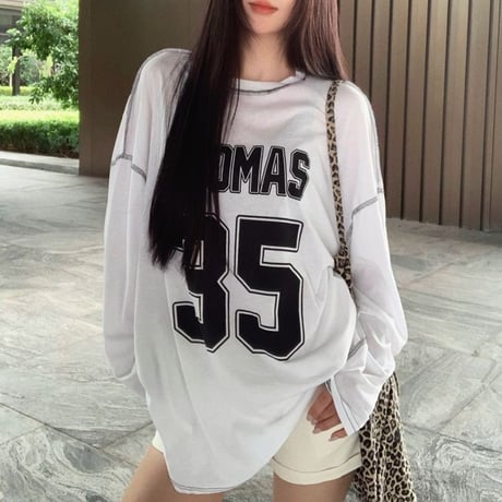 Tシャツ 長袖 ナンバリング レタープリント ロンT ワンショルダー オーバーサイズ トップス ルーズ レトロ 韓国ファッション レディース 大人可愛い ガーリー DTCA-861844447756