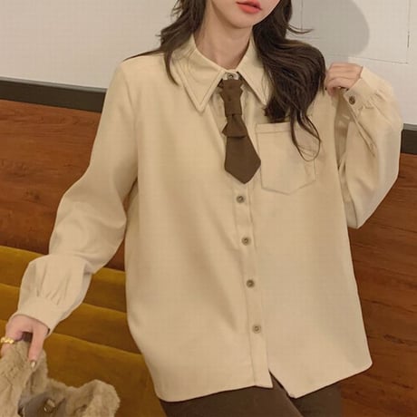 【3カラー】 ネクタイ付き ブラウス シャツ ポロカラー 長袖 ルーズ ゆったり レトロ 韓国ファッション レディース 大人可愛い ガーリー フェミニン カジュアル DTC-666006672660