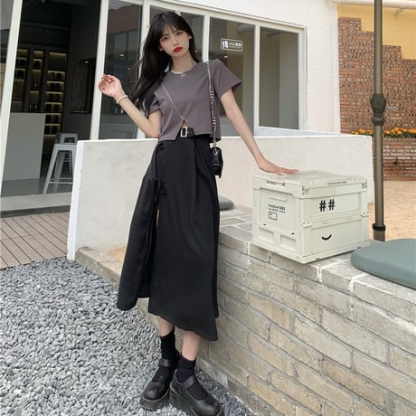 セットアップ 不規則デザイン クロップドTシャツ ＋ スプリットスカート 韓国ファッション レディース 2点セット Tシャツ スカート ハイウエスト DTC-642828357858