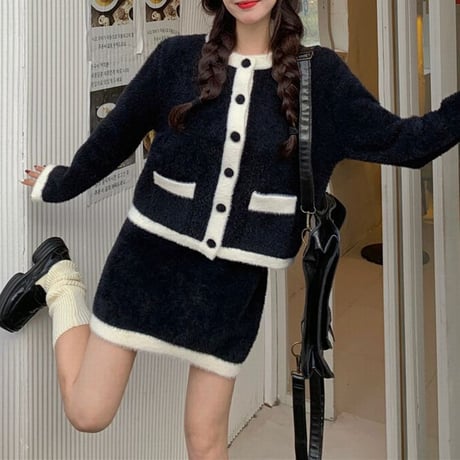 セットアップ カーディガン スカート 起毛 長袖 2点セット レトロ 韓国ファッション レディース 大人可愛い ガーリー DTC-665949673533