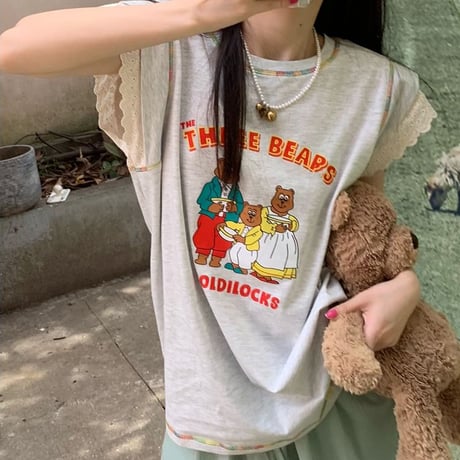 Tシャツ フライングスリーブ レース トップス ノースリーブ オーバーサイズ レトロ 韓国ファッション レディース 大人可愛い ガーリー カジュアル DTC-768900343552