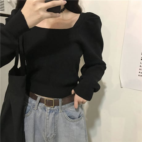 スクエアネック ニット トップス ルーズ 長袖 薄手 レトロ 韓国ファッション レディース 大人可愛い ガーリー DTC-631012888097