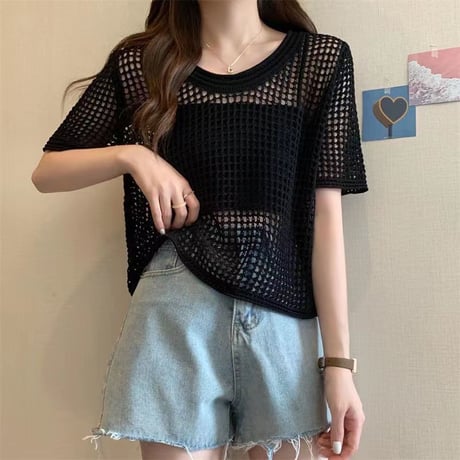サマーニット メッシュ トップス プルオーバー tシャツ 透かし編み クルーネック ショート丈 レイヤードトップス 半袖 レトロ 大人可愛い ガーリー カジュアル DTCA-676945045996