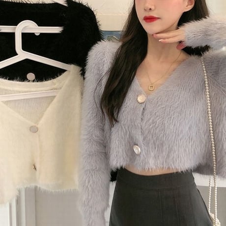 クロップド丈 ニットカーディガン シングルブレスト シャギー風 Vネック 薄手 長袖 ショート丈 レトロ 韓国ファッション レディース 大人可愛い ガーリー DTC-628749209744