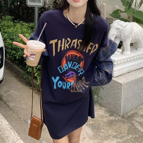 重ね着風 トップス フェイクレイヤード Tシャツ 切替 チェック柄 長袖 韓国ファッション レディース 大人可愛い ガーリー カジュアル ストリートファッション DTC-682533529922