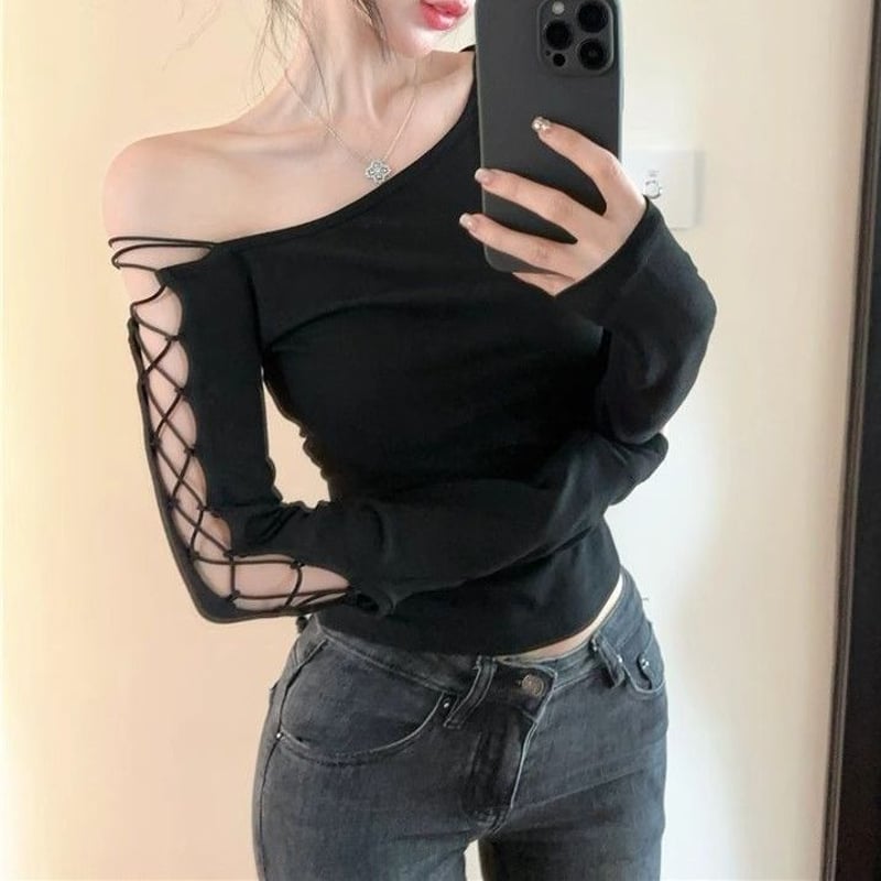 レースアップ トップス ロンT スリムフィット タイト ワン