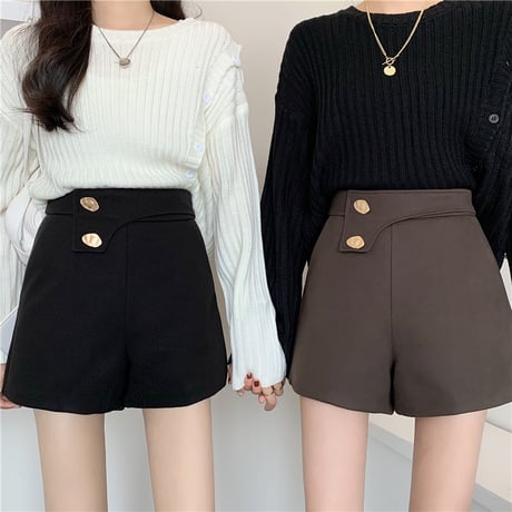ショートパンツ ハイウエスト ボタン 韓国ファッション レディース ワイドレッグパンツ カジュアル 大人可愛い ガーリー DTC-631987259023