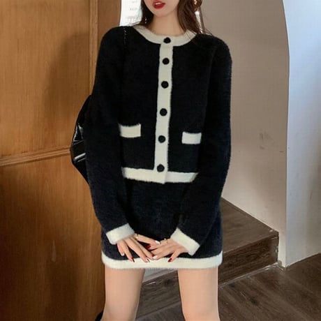 セットアップ カーディガン スカート 起毛 長袖 2点セット レトロ 韓国ファッション レディース 大人可愛い ガーリー DTC-665949673533