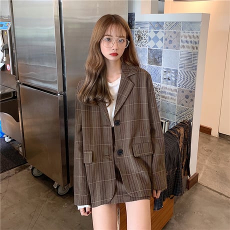 セットアップ チェック柄 ジャケット ＋ スカート 韓国ファッション レディース シングルブレスト ハイウエスト 春 秋 韓国 (DTC-603693177273)