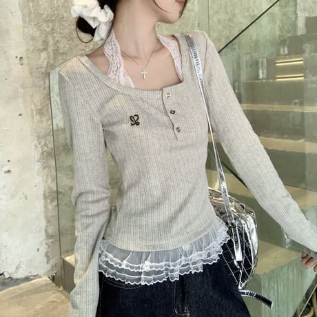 ニット レース ドッキング ヘンリーネック トップス Tシャツ フェイクレイヤード スリムフィット スクエアネック レトロ 韓国ファッション 大人可愛い ガーリー DTC-878983680406