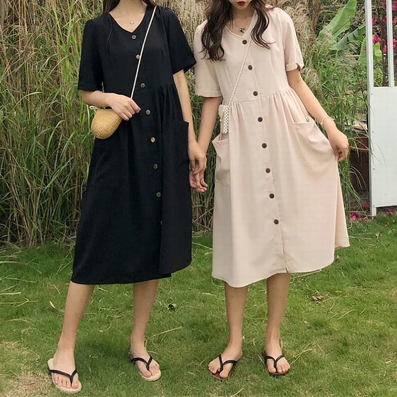 レディース フロントボタン ワンピース Vネック シャツ