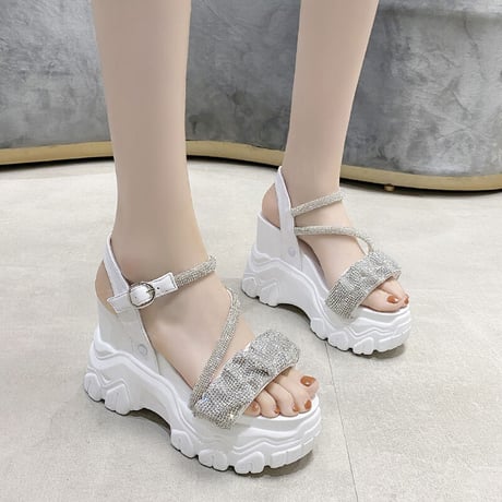 厚底 サンダル 22.0～24.5cm ビジュー ラインストーン バックル プラットフォーム 厚底サンダル オープントゥ 韓国ファッション レディース DTC-527407401064