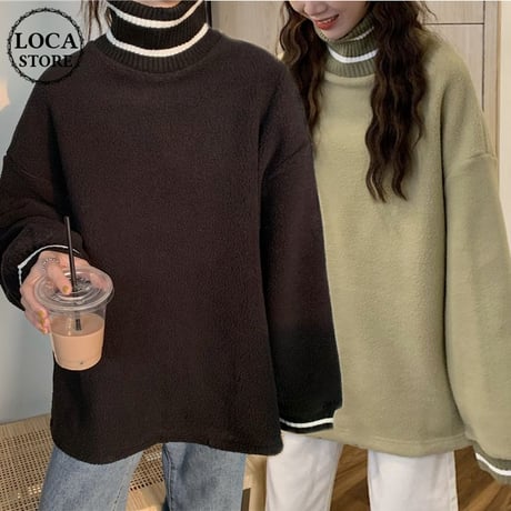 フリース トレーナー プルオーバー 韓国ファッション レディース ゆったり ハイネック トレーナー 体型カバー シンプル レトロ 春 秋 冬 大人カジュアル (DTC-605871158785)