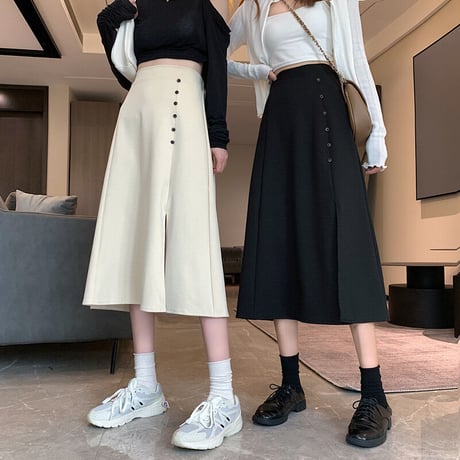 スプリットスカート Aライン ミドル丈 アプリコット ブラック 韓国ファッション レディース スカート クロッチスカート ハイウエスト 大人カジュアル かわいい ガーリー 626634086789